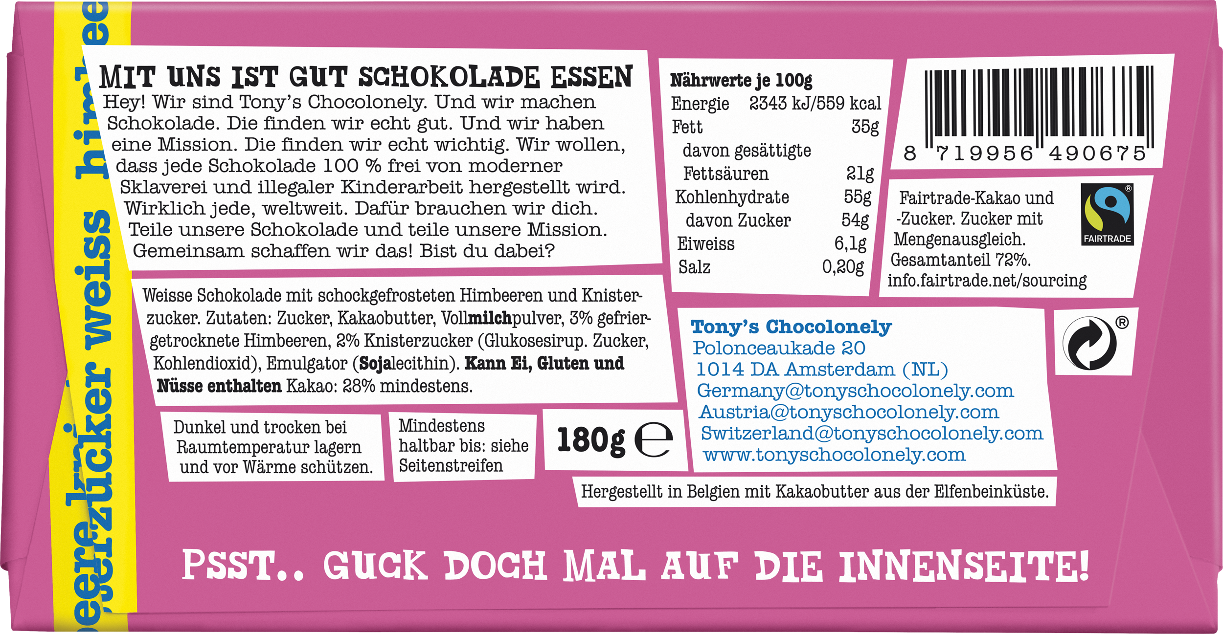 Weiße Schokolade mit Himbeere und Knisterzucker-Tonys Chocolonely Austria