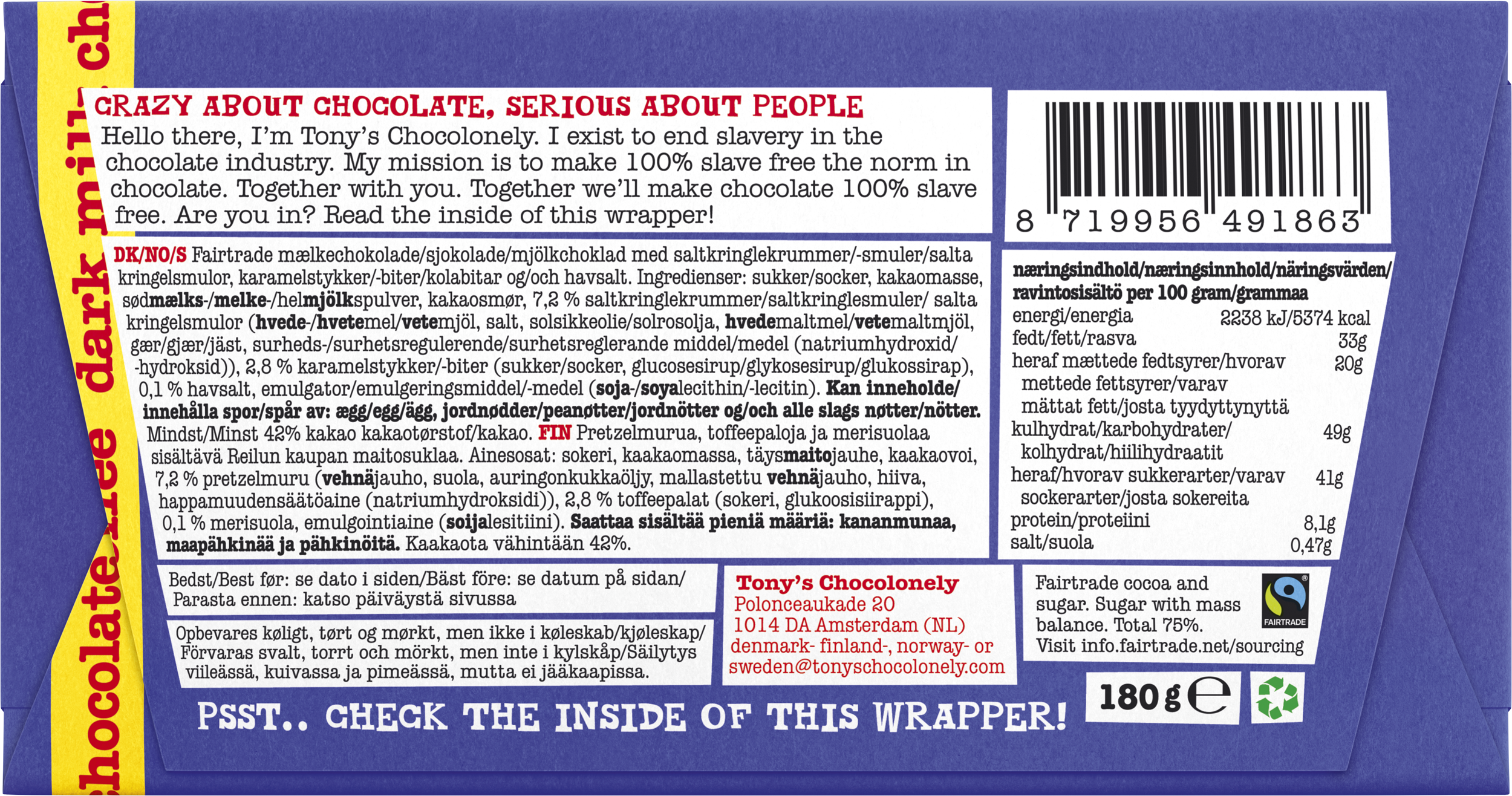 Dunkle Vollmilchschokolade 42% Brezel Toffee-Tonys Chocolonely Austria